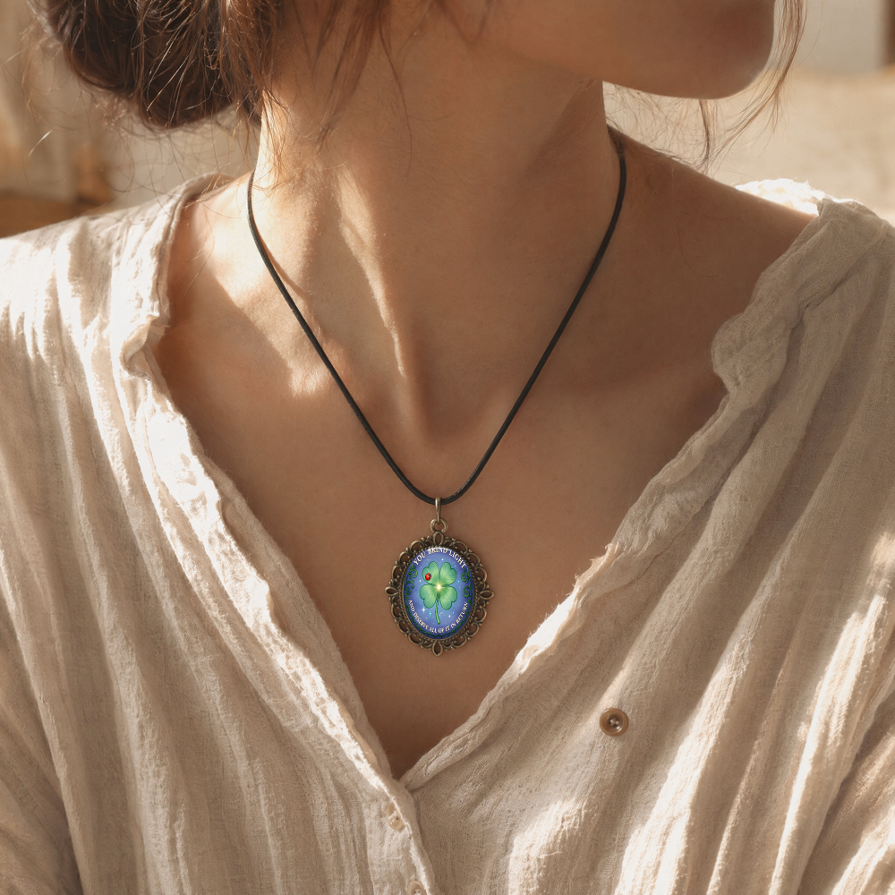 2D Flat Blue-Green Floral Oval Pendant Necklace, Vintage Design